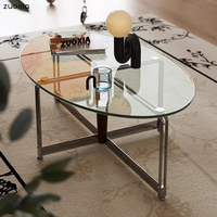 Table basse vintage en acier inoxydable durable, plateau en verre trempé ovale, design moderne minimaliste pour petit salon, meubles de maison