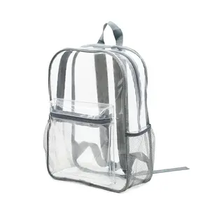 Custom PVC Security School Travel Large Size Water-proof Clear Transparent School Bags For Books Laptop With Mesh Bottle Holder
