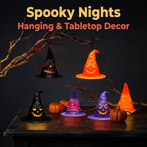 Mini chapeau de sorcière d'Halloween avec lumières LED, lampe à visage effrayant qui brille, petite lampe citrouille sorcière, décorations pour fête d'Halloween à la maison - Product Image 4