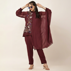 Elegant Women's Embroidered Cord Set Mandarin Collar <b>Loose</b> Boho Style Full Sleeve Georgette Casual <b>Dress</b> - Product Image 1