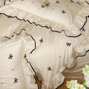 Parure de lit brodée en coton style français 100 fils, housse de couette à volants, taie d'oreiller, usage domestique, quatre saisons, couleur unie à pois - Product Image 4