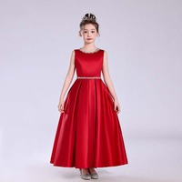 Gaun Formal Tanpa Lengan Merah untuk Anak Perempuan dengan Hiasan Berlian Imitasi untuk Pertunjukan Panggung dan Pembacaan Puisi