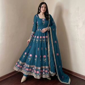 <b>Teal</b> Floral Embroidered Anarkali <b>Suit</b> <b>Women</b> Floor-Length Traditional Indian Ethnic Wedding Dress Loose Fit Rayon - Product Image 1