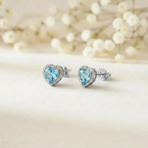 Elegant Sky Blue Topaz Heart Shape <b>Stud</b> Earrings Gold CZ Halo Design Natural Gemstone Jewelry In 925 <b>Sterling</b> <b>Silver</b> Minimalist - Product Image 3