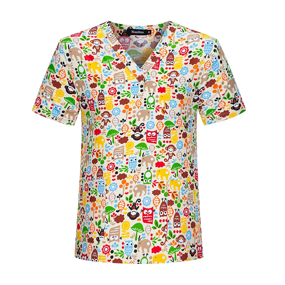 Unisex Women Medical Scrub Tops 100% Cotton Stretchy Scrub Tops Medical Uniforms Printed Scrubs Top