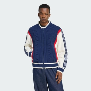 Bomber da <span class=keywords><strong>uomo</strong></span> su misura con strascico lavorato a maglia maglione con righe Varsity <span class=keywords><strong>Cardigan</strong></span> tricolore in maglia rossa, bianca e <span class=keywords><strong>blu</strong></span> - Product Image 1