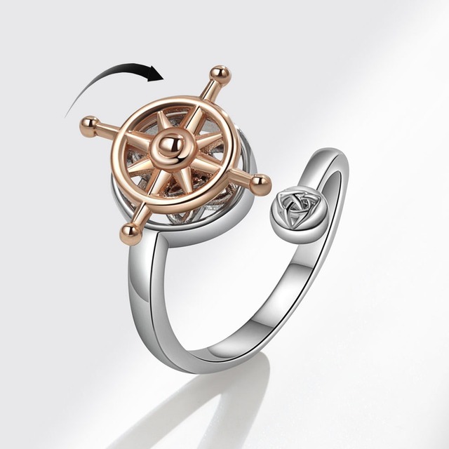 Silver Nautical Ship Rudder Fidget Spinner Rings Anxiety Anti Stress Rotating Wheel Adjustable Brass Open Ring for Women Men