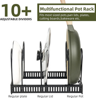 Organisateur de casseroles multifonctionnel Support extensible pour couvercle de casseroles avec 10 compartiments réglables pour armoire de cuisine