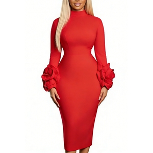 Robe moulante mi-longue à col haut pour femme - Détail floral 3D - Robes formelles africaines pour femmes - Mode - Product Image 5