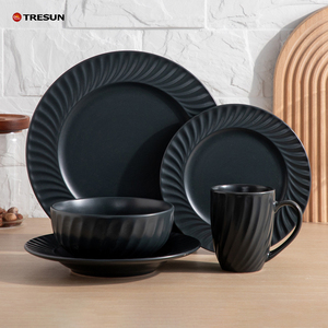 Service de vaisselle en céramique noire mate gaufrée effet tourbillon, assiettes, bols, tasses en grès, compatible micro-ondes et lave-vaisselle, pour la restauration - Product Image 2