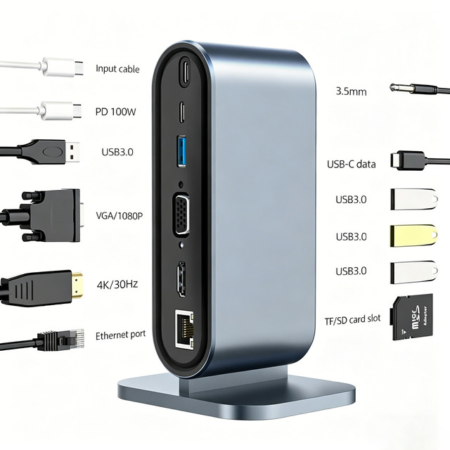 12in1 Vertical Type C Docking Station USB3.0 Rj45 TF SD Reader PD Charging HDTV 4K VGA 3.5mm USB C Dock for Macbook Laptop Mac