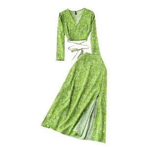 שתי חתיכות סטים באביב סתיו סגנון רטרו פרחוני סט פרחים נשים שרוול ארוך צרפתית רזה v-הצוואר העליון + חצאיות פיצול חצאיות - Product Image 6