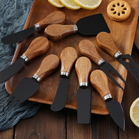 Couteau à fromage et couteau à beurre en acier inoxydable noir avec revêtement antiadhésif et manche en bois d'acacia, outils à fromage
