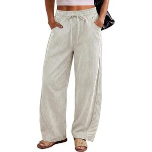 Womens Striped Wide Leg Pants High Waist Elastic <b>Drawstring</b> Casual Breathable Lounge <b>Trousers</b> With Pockets Summer Style - Product Image 1
