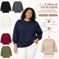 Sweat-shirt à col rond pour femme en coton mélangé et élasthanne, respirant et confortable, grande taille, décontracté, à manches ballon amples
