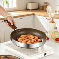 Wajan Goreng Anti Lengket FLEY Triply 304 Stainless Steel Titanium 20-28cm dengan Tutup, Cocok untuk Kompor Induksi, untuk Penggunaan di Dapur
