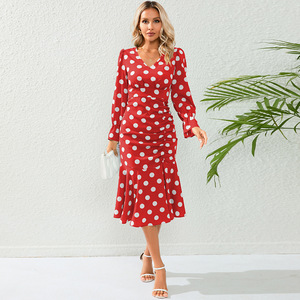 Graziosi passi Sexy a <span class=keywords><strong>pois</strong></span> con scollo a V abito a maniche lunghe plissettato a coda di pesce gonna Midi Slim Fit taglie forti per bambini - Product Image 2
