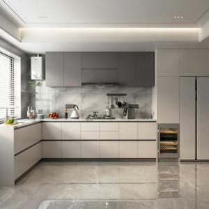 Ensemble de meubles de cuisine modulaires contemporains sans poignées en L avec grand espace de rangement et plan de travail en pierre, directement de l'usine - Product Image 3