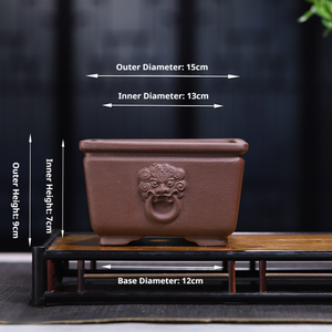 <span class=keywords><strong>Pot</strong></span> de sol carré antique de luxe en Zisha avec relief de têtes d'animaux sur les quatre côtés, jardinière en argile violette pour bambou, érable et plantes succulentes - Product Image 5