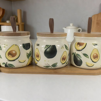 Ustensiles de cuisine : Plateau en bambou, pot à condiments en céramique, pot à épices avec couvercle en bambou thème avocat