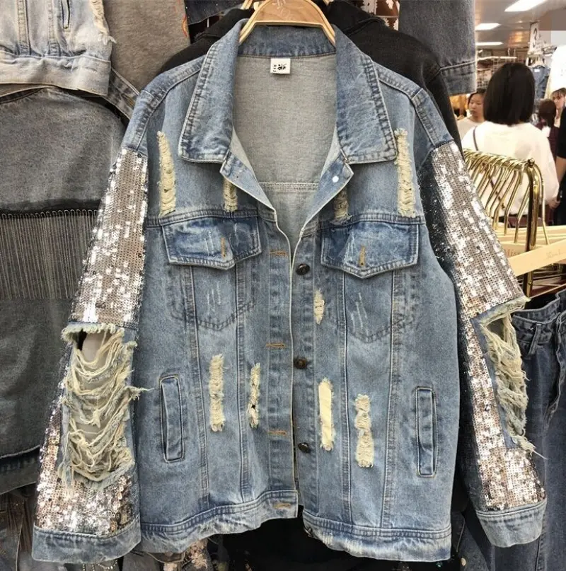 New Woman Jacket Sequin Denim Coat Women Loose Fashion Personality Hole Clothing Trend Ripped Long Sleeve Jean Jackets