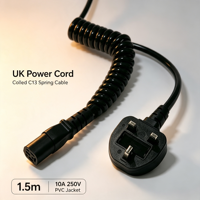 BS S1363 UK Plug 10A Copper Coiled Spiral Power Cable Cord IP65 IEC C13 Custom Cable for Consumer Electronics