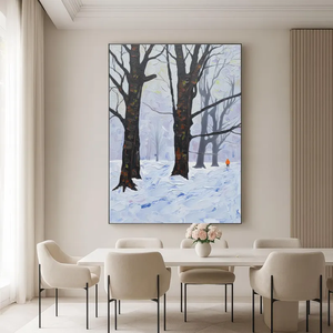 Dipinto a mano paesaggio invernale dipinto a olio, albero strutturato foresta innevata con figura solitaria arte della parete per soggiorno o ufficio - Product Image 3