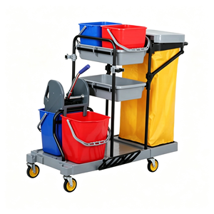 Chariot de nettoyage commercial pour hôtels et hôpitaux, chariot de conciergerie avec seaux amovibles, support à déchets, étagère multi-niveaux, silencieux - Product Image 5