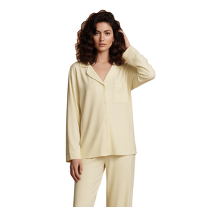 Ensemble pyjama en bambou sur mesure jaune pour femmes grandes tailles, 2 pièces, pyjama boutonné, vêtements de nuit doux et soyeux, ensemble de vêtements de détente - Product Image 1