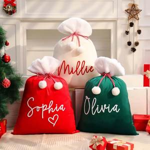 <b>Personalised</b> Christmas Easter Santa Sack Cotton Rope Woven Name Velvet with <b>Drawstring</b> Custom Gift <b>Bag</b> for Child - Product Image 1