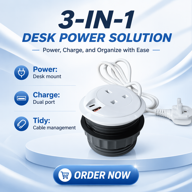 80mm Round Desk Mounted Power Grommet Power Module Aluminum Alloy PD20W USB a USB C UK Power Inlet for Industrial Commercial Use