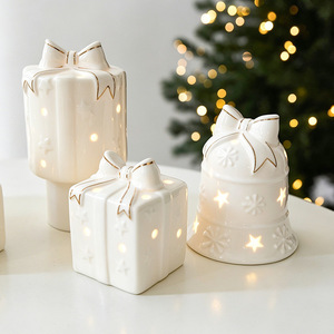 LINGKAI White Ceramic Christmas Gift Box Bell Ornaments With <b>LED</b> <b>Lights</b> Gold Trim Tabletop Xmas Home Holiday Desktop Decor - Product Image 4