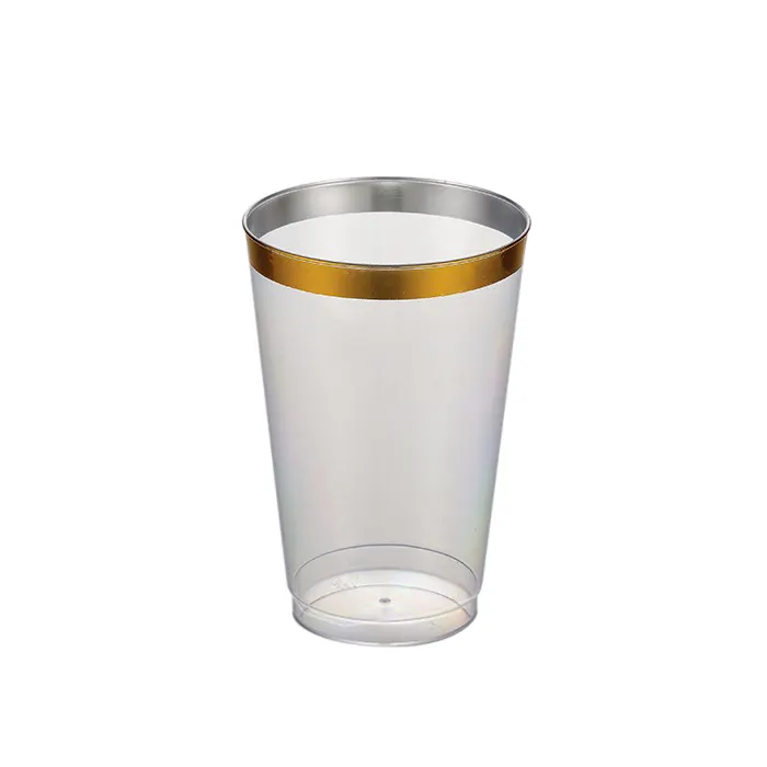 Vasos de plástico con borde dorado de 12oz, vasos de plástico transparente, vasos desechables para boda, copas de vino desechables