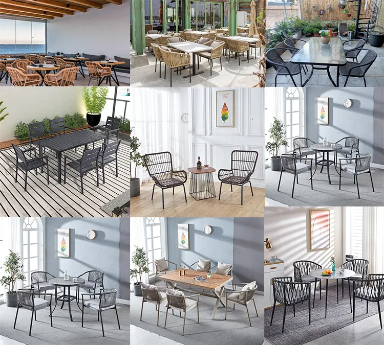 2023 hotsell dệt dây mây ngoài trời Stackable bán buôn sắt khung kim loại Patio vườn Ghế ăn với đệm không thấm nước