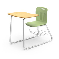 Ensemble de mobilier scolaire universitaire de style américain : bureau et chaise avec base à patins et étagère à livres