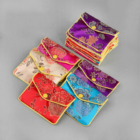 Pochette à bijoux en brocart de soie satinée de style traditionnel chinois, petite pochette recyclable avec bouton pour emballage cadeau