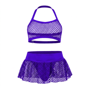Conjunto de lencería de malla de dos piezas para mujer, talla grande, con sujetador halter hueco y falda con volantes, con diseño de red y detalles de aguja - Product Image 2