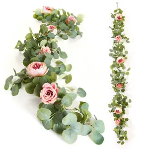 Rattan de flores artificiais para decoração de parede, videiras de eucalipto artificial, vegetação para festas de casamento