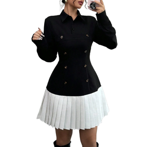 Abito Blazer Patchwork Bianco e <span class=keywords><strong>Nero</strong></span> Stile Preppy da Donna, Mini Abito Plissettato Doppiopetto Casual per Feste e Ufficio - Product Image 1