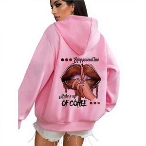 Sweat-shirt rose à capuche pour femme, coupe oversize, imprimé lèvres café, motif lettres au dos, tricoté, manches longues, style décontracté automne - Product Image 1