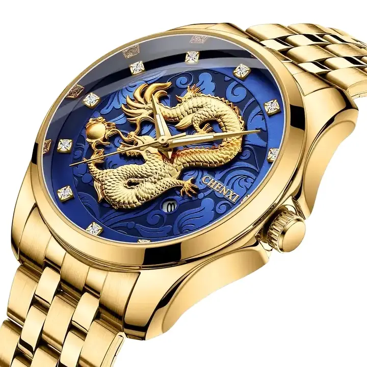Chenxi 8220 New Fashion Dragon Totem Embossed Calendar Waterproof Men's Chinese Style Wrist Watch Steel Band Business