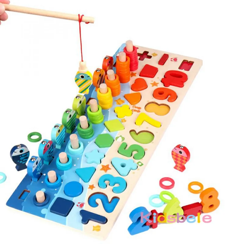 幼児のためのキッズモンテッソーリ数学おもちゃ教育木製パズル釣りおもちゃカウント番号形状マッチングソーターゲームボードおもちゃ