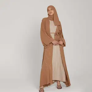 Aschulman Custom New Muslim Women Dress Set Embroidered Robe Fashion Middle Eastern Plain Chiffon Abaya Dress