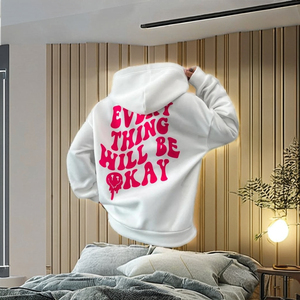 เสื้อฮู้ดดี้สีขาวตัวใหญ่พิมพ์ลาย "Everything Will Be Okay" สีชมพูด้านหลัง เสื้อสเวตเชิ้ตผ้าฝ้ายลำลองสำหรับทุกเพศ ใส่ได้ในฤดูใบไม้ร่วง - Product Image 1