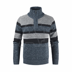 Suéter de media cremallera para hombre, prendas de punto a rayas grises y azules, jersey de invierno cálido, informal, elegante, de manga larga, cómodo traje de moda - Product Image 1
