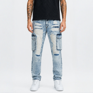 Jean droit taille mi-haute style punk vintage cool avec plusieurs poches cargo et décorations déchirées pour un look streetwear décontracté - Product Image 1