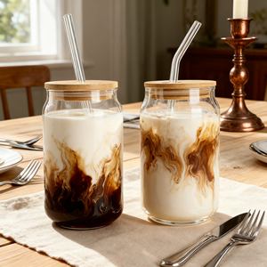 Custom Snow Globe <span class=keywords><strong>Glass</strong></span> <span class=keywords><strong>Cup</strong></span> 16oz Borosil Iced Coffee <span class=keywords><strong>Glass</strong></span> Drinkware Taza Sublimación Vaso de vidrio con tapa y pajita - Product Image 2