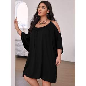 Vestido de Verano Personalizado para Mujer, Talla Grande, Hombros Descubiertos, Corte Holgado, Casual, Manga Corta, Transpirable, Tejido, para Uso Diario - Product Image 1