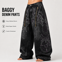 Pantalon en jean baggy noir délavé personnalisé pour homme, style vintage, imprimé géométrique, coupe large, streetwear, effet empilé
