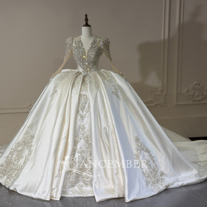 Xs316 Elegant Deep V Neck Crystal Beaded Baroque Scroll Applique Ivory Satin <b>Ball</b> <b>Gown</b> Wedding Dress For Church Jancember - Product Image 2